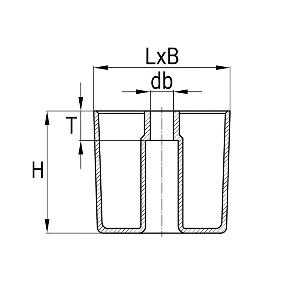 Plano acotado Pie de mueble para atornillar cuadrado PA 50x50mm - H=61.9mm - perforación Ø6.2mm - Negro