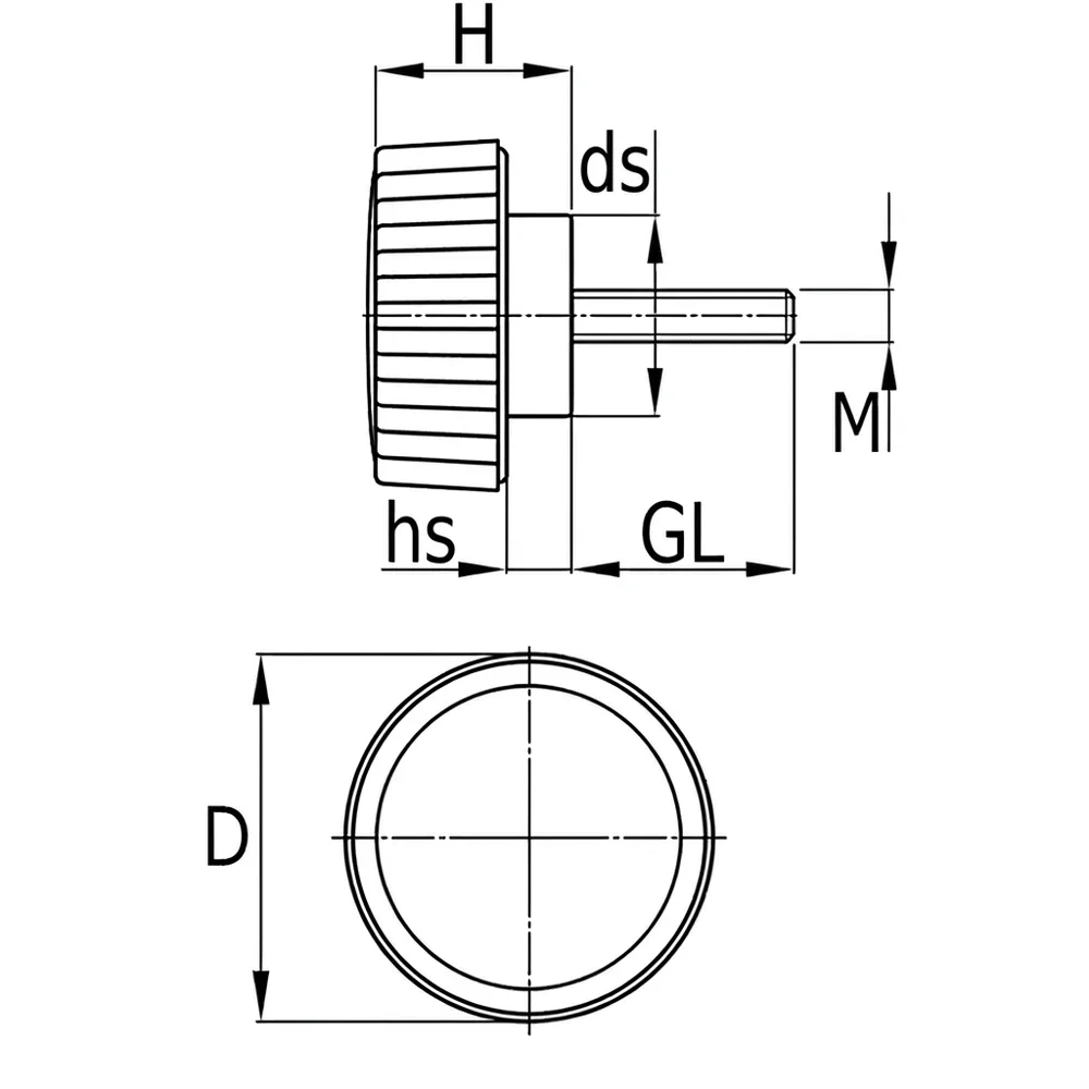 Dibujo técnico: Botón moleteado nylon - PA - rosca macho