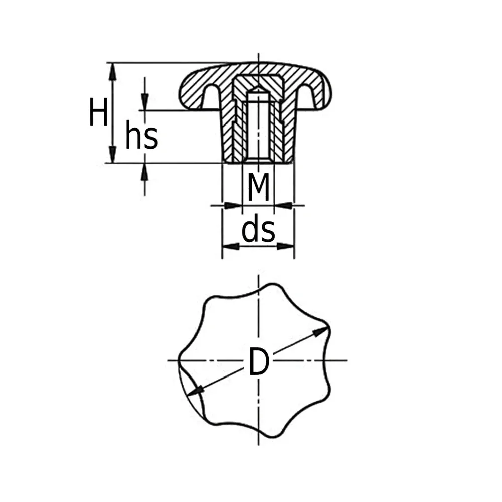 Dibujo técnico: Pomo estrella de baquelita – DIN 6336 – rosca hembra