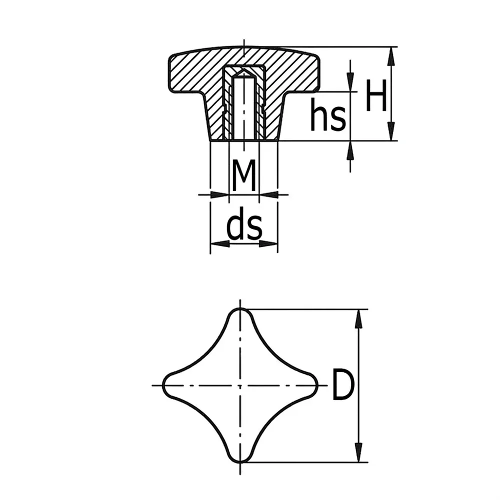 Dibujo técnico: Pomo cruz de baquelita – DIN 6335 – rosca hembra