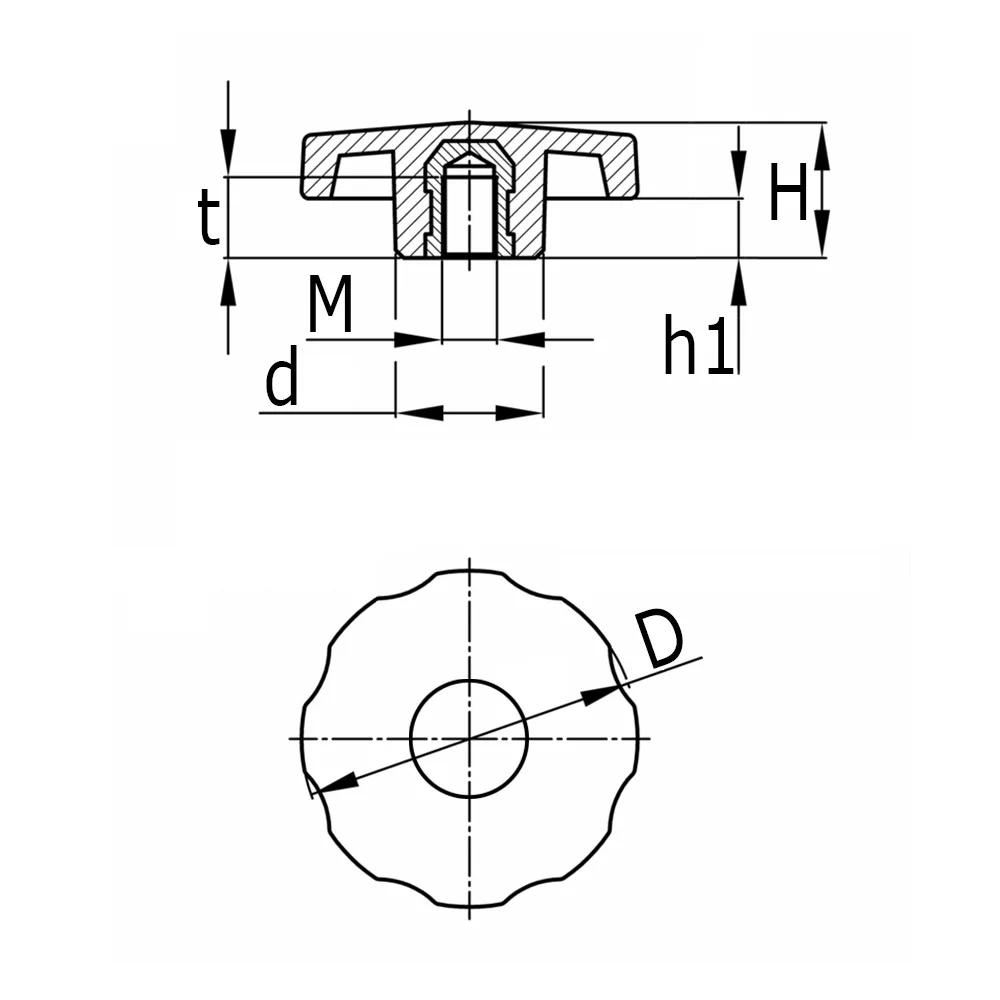 Dibujo técnico 1 – Pomo estrella PA-GF Ø33mm - M6 - casquillo de latón - Antracita