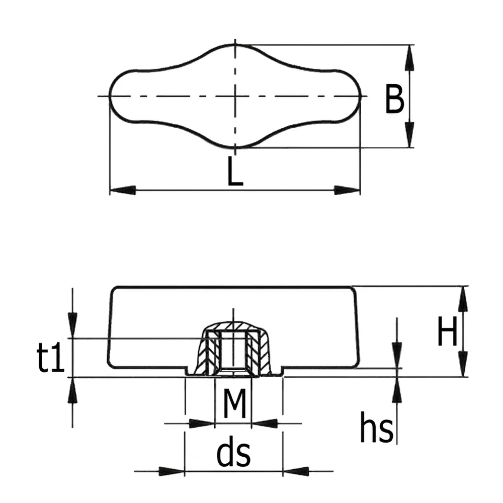 Plano acotado Tuerca de mariposa PA-GF - modelo 5 - 30mm - inserto ciego M6 - MS - Latón - Negro
