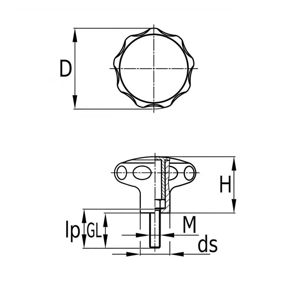 Plano acotado Pomo estrella tornillo premontado PA Ø50 - 2 piezas - M8x46/46mm - Negro