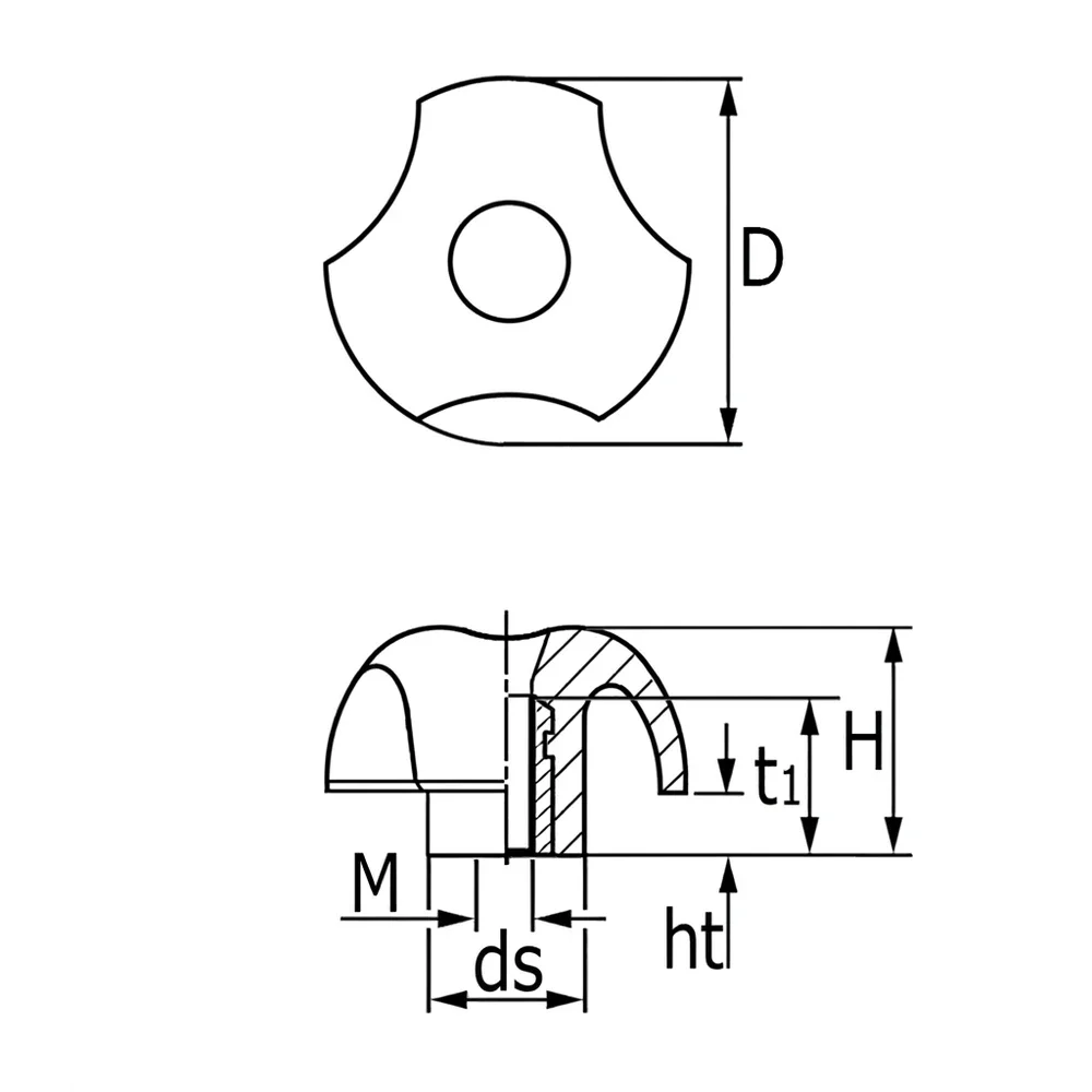 Plano acotado Pomo estrella 3 puntas PA-GF - Ø40mm - de 2 partes - Negro