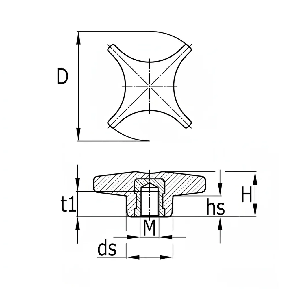 Dibujo técnico: Pomo en cruz PA - rosca hembra