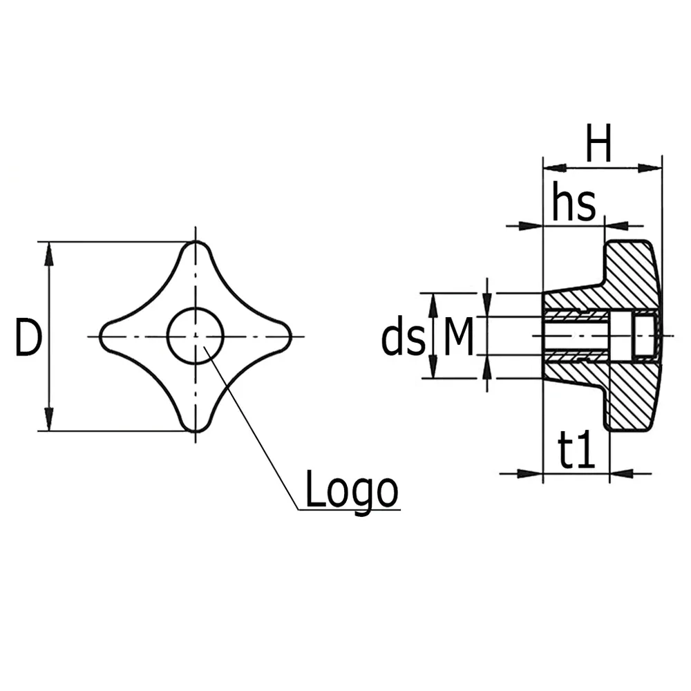 Dibujo técnico: Pomo cruz PP – DIN 6335 – Rosca hembra