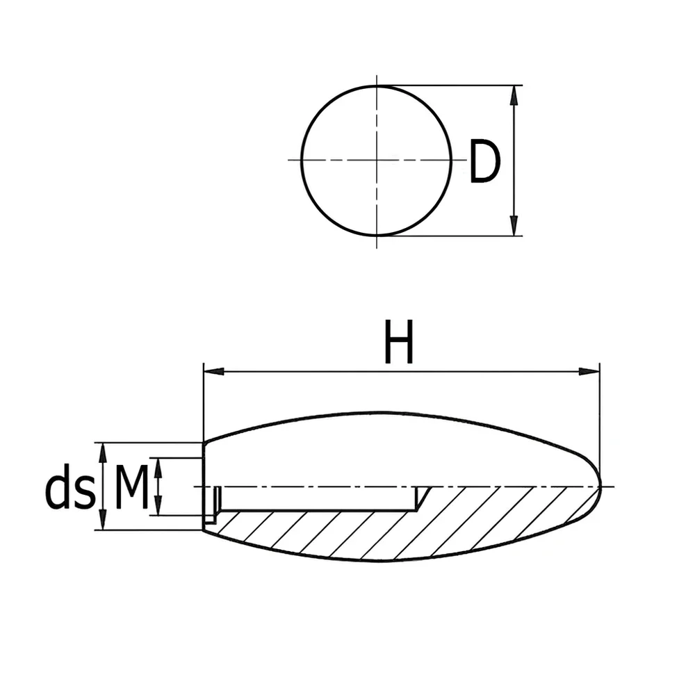 Plano de dimensiones Pomo esférico de baquelita con rosca hembra