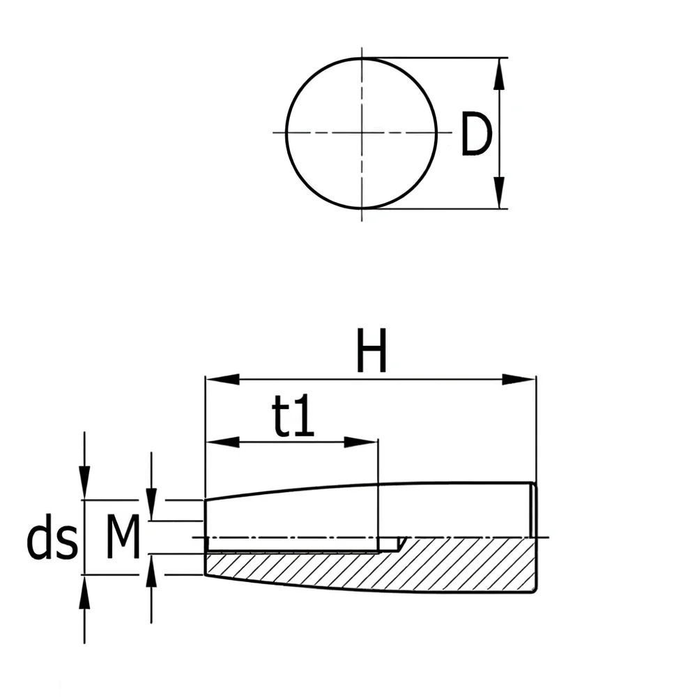 Plano acotado Empuñadura cilíndrica inserto roscado redondo con tuerca metálica PA Ø25x70mm - M12 - Negro