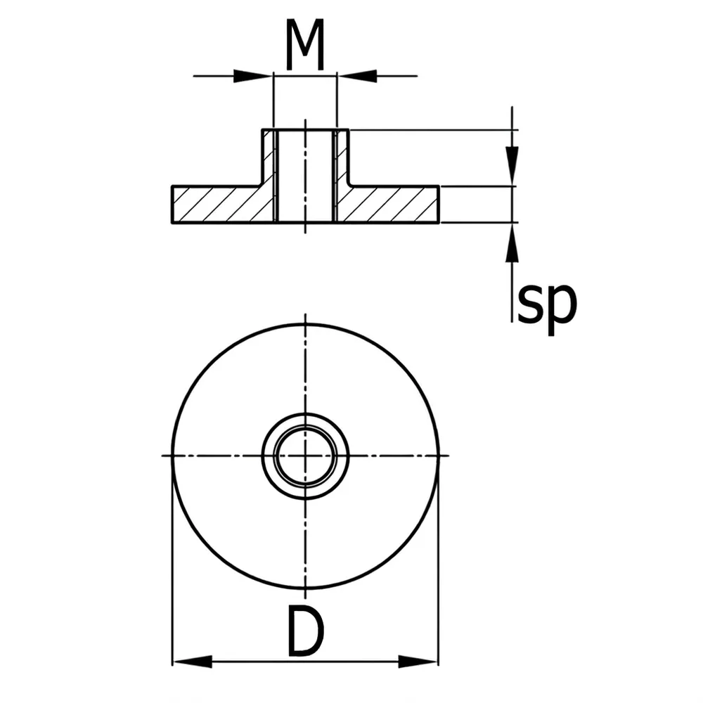Dibujo técnico: Placa soldable redonda con rosca de acero inoxidable