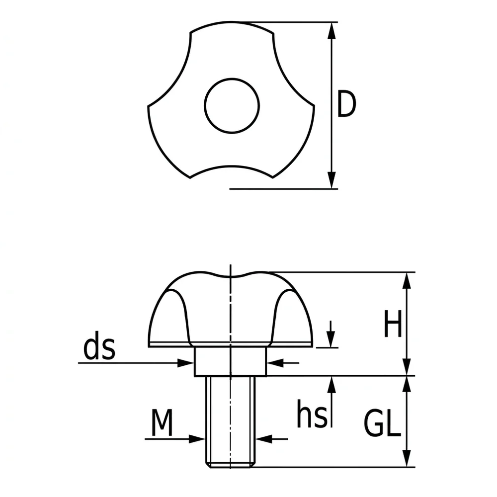 Plano acotado Pomo estrella PA-GF Ø40mm - M8x33mm - 2 partes - Negro