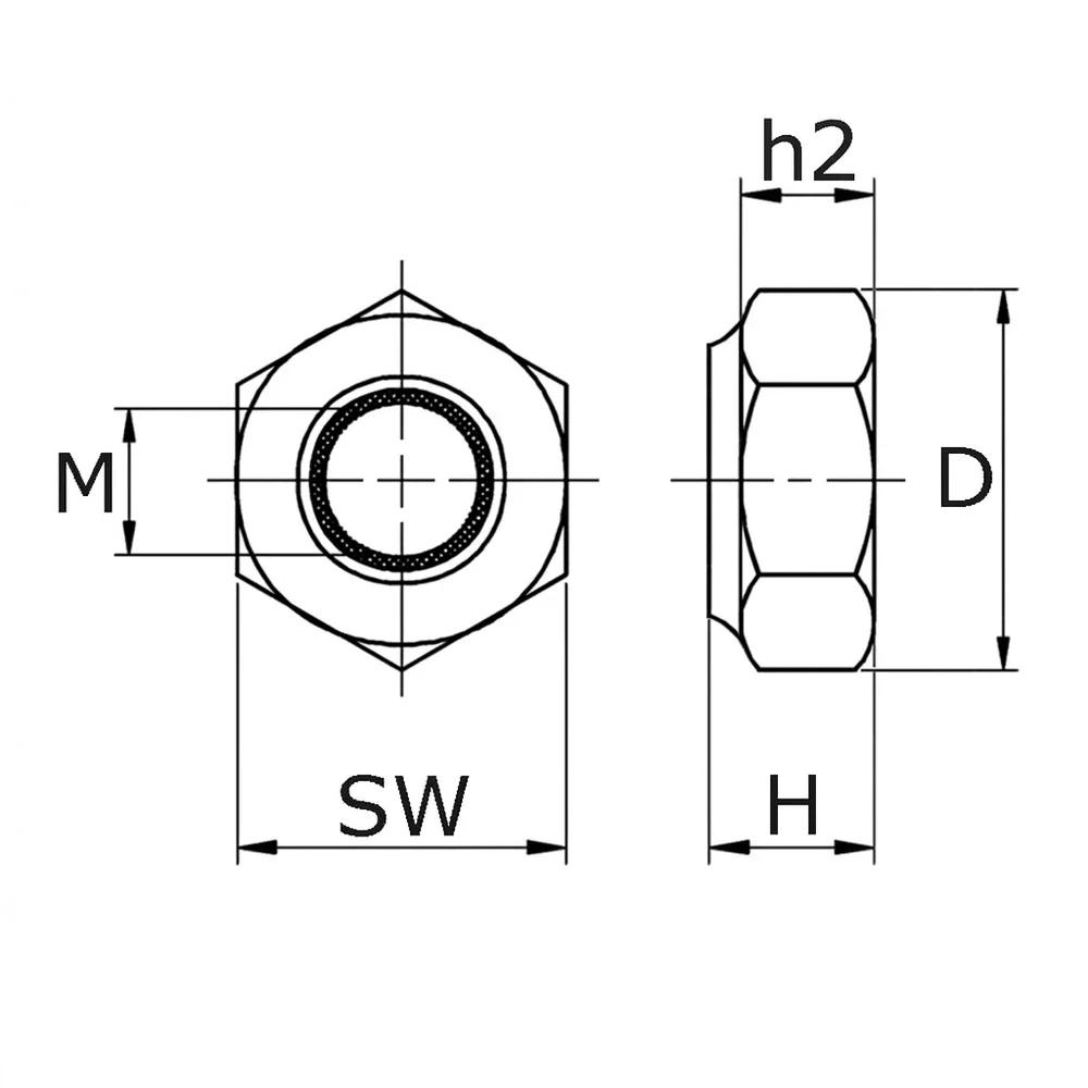 Plano acotado Tuerca hexagonal autoblocante galvanizado - DIN 985 - M6 - Zinc - St - Acero