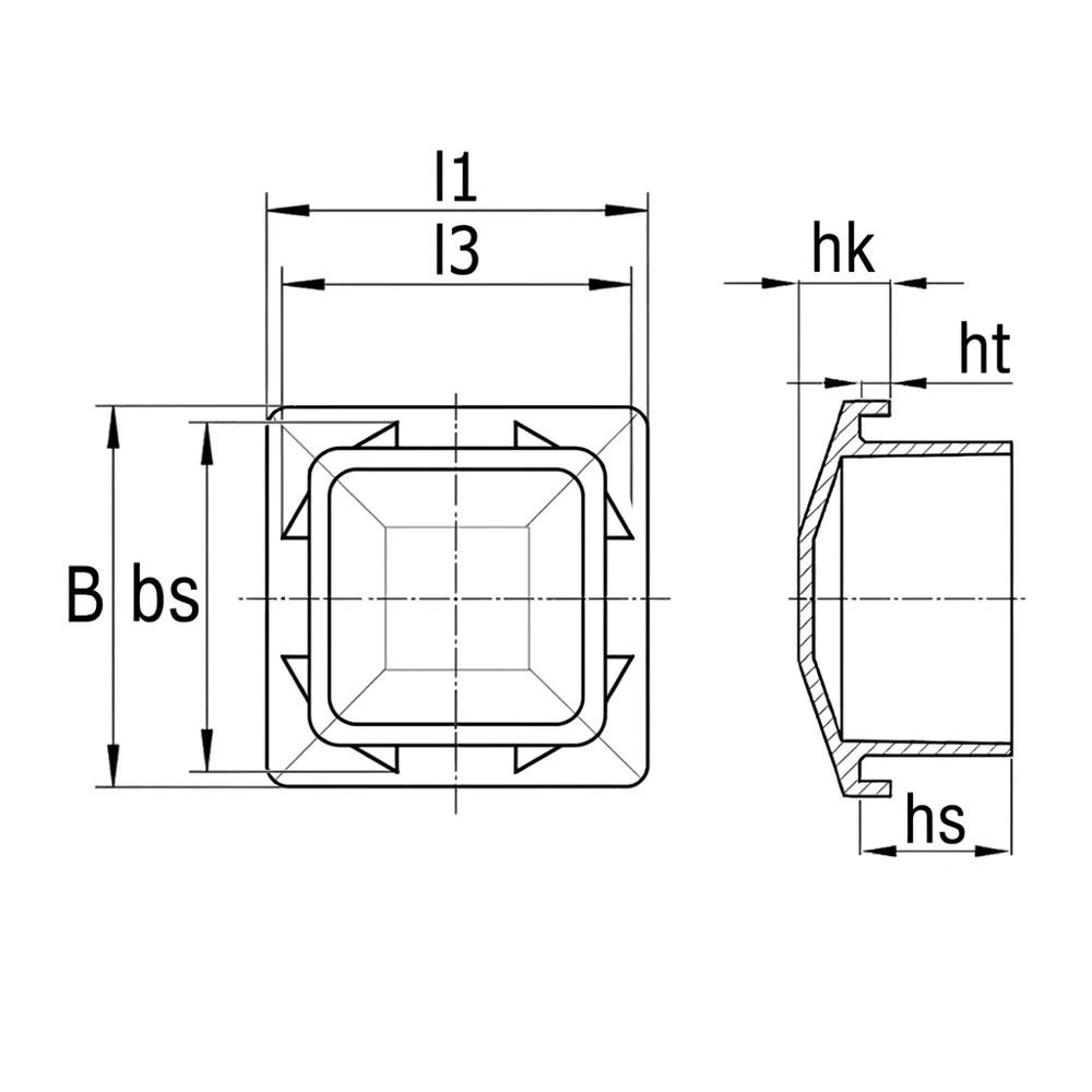 Plano acotado Tapón con aletas y tapa PP - 60x60mm - Negro intenso