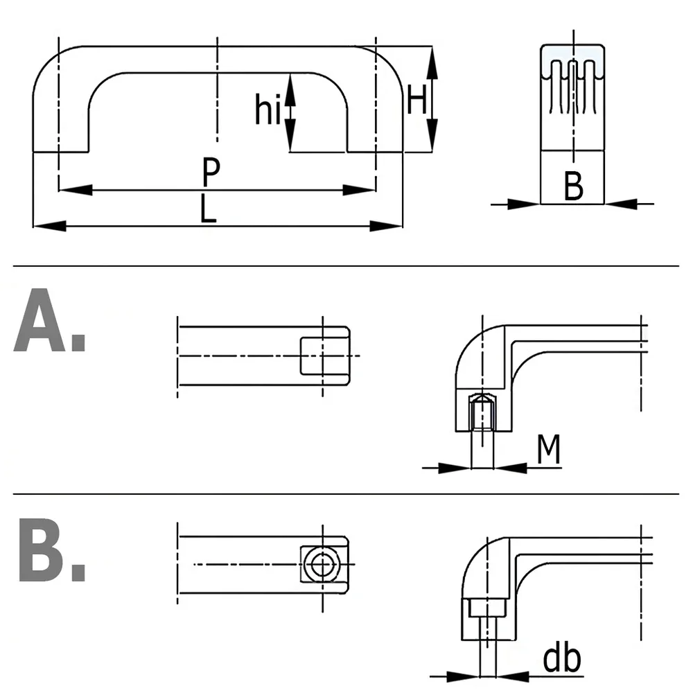 Plano acotado Asa de puente PA 132/196x48mm - agujero roscado M8 - Negro