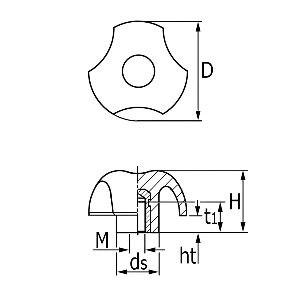 Dibujo técnico: Pomo estrella de 3 lóbulos – PA – ciego