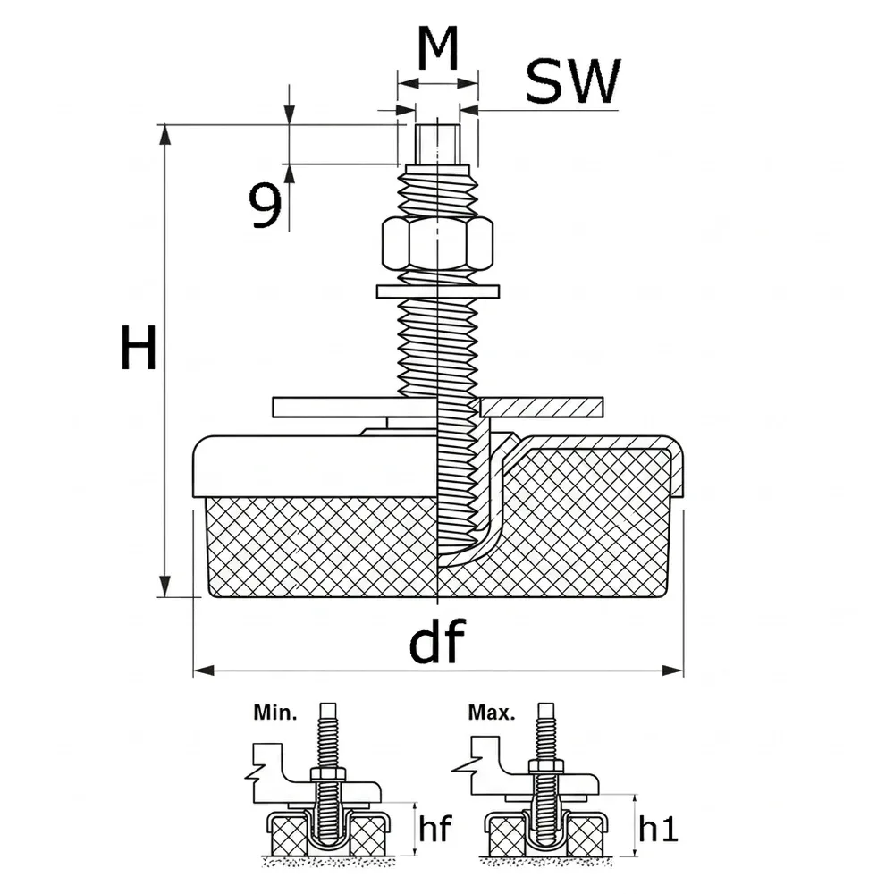 Dibujo técnico: Pie nivelador regulable - antivibración