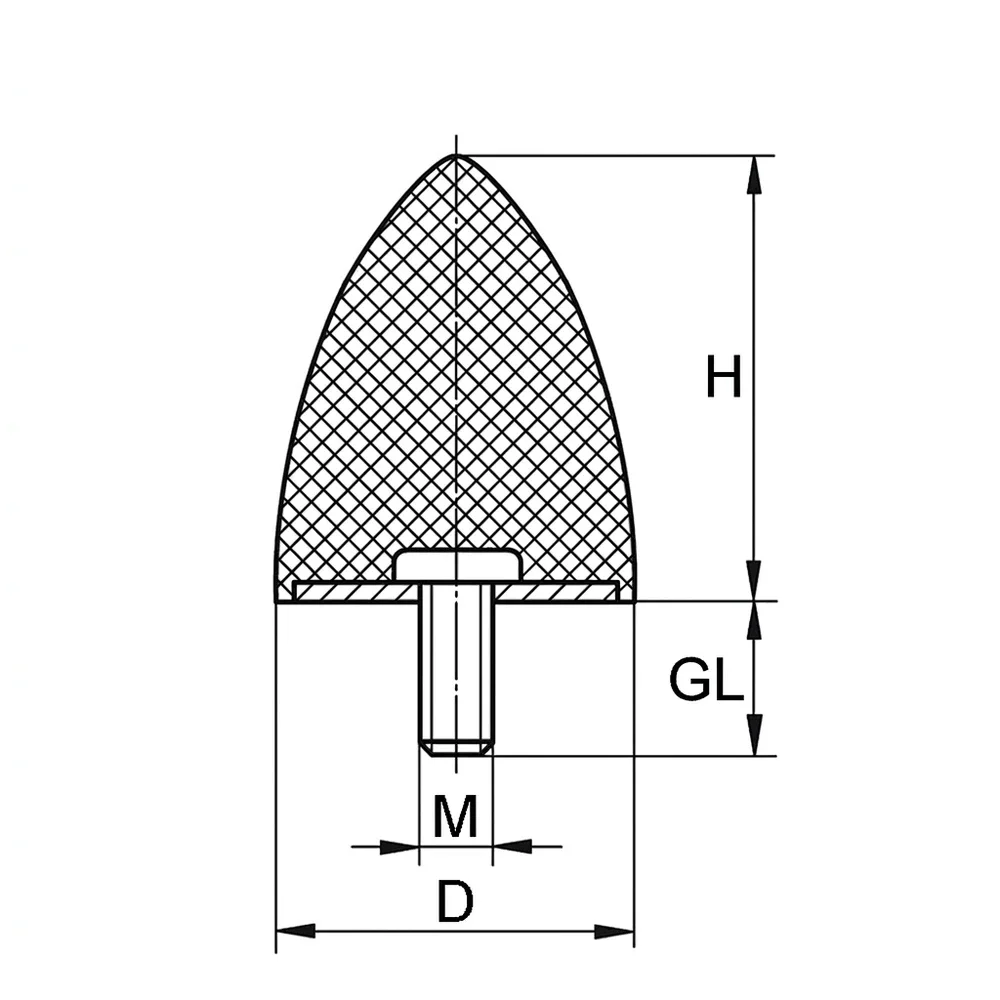 Plano acotado Amortiguador de vibraciones parabólico NR - 55° ±5 shore - Ø118x77mm - M16x41mm - St37 - Acero 37