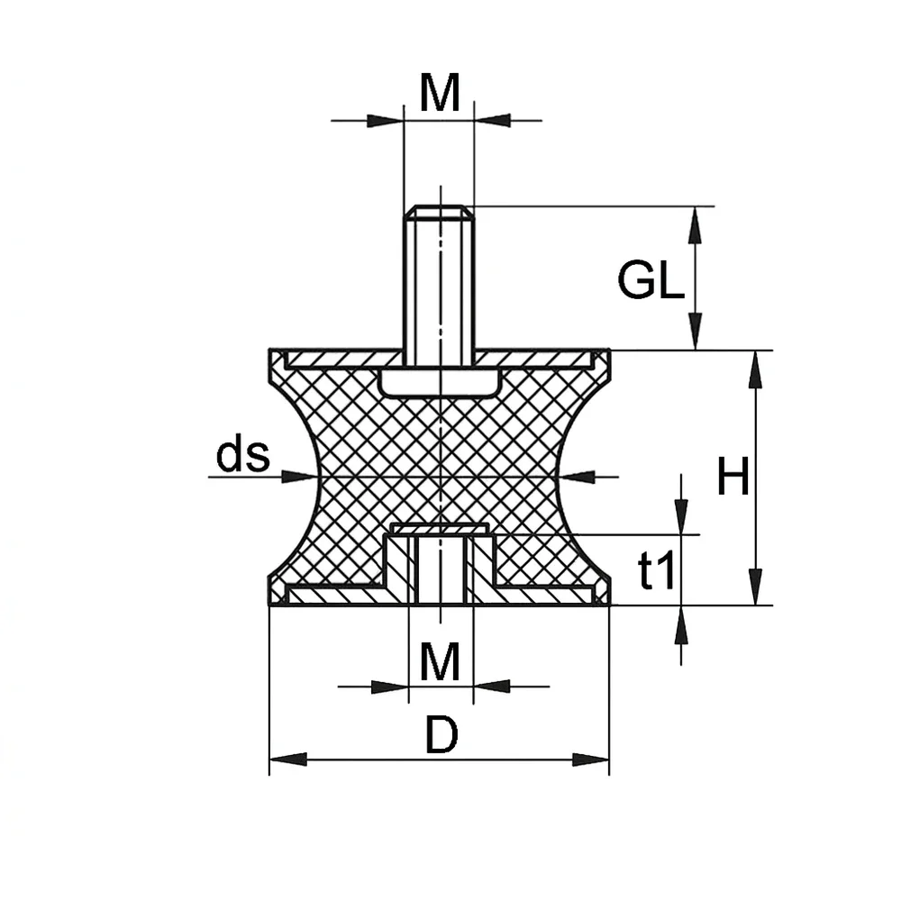 Plano acotado Soporte antivibratorio entallado tipo B NR - 55° ±5 shore - Ø45-57x44mm - M10x28mm/M10 - St37 - Acero 37