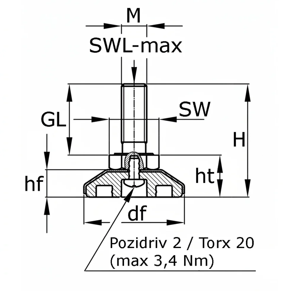 Plano de dimensiones Pie nivelador articulado con cubierta cónica de acero inoxidable