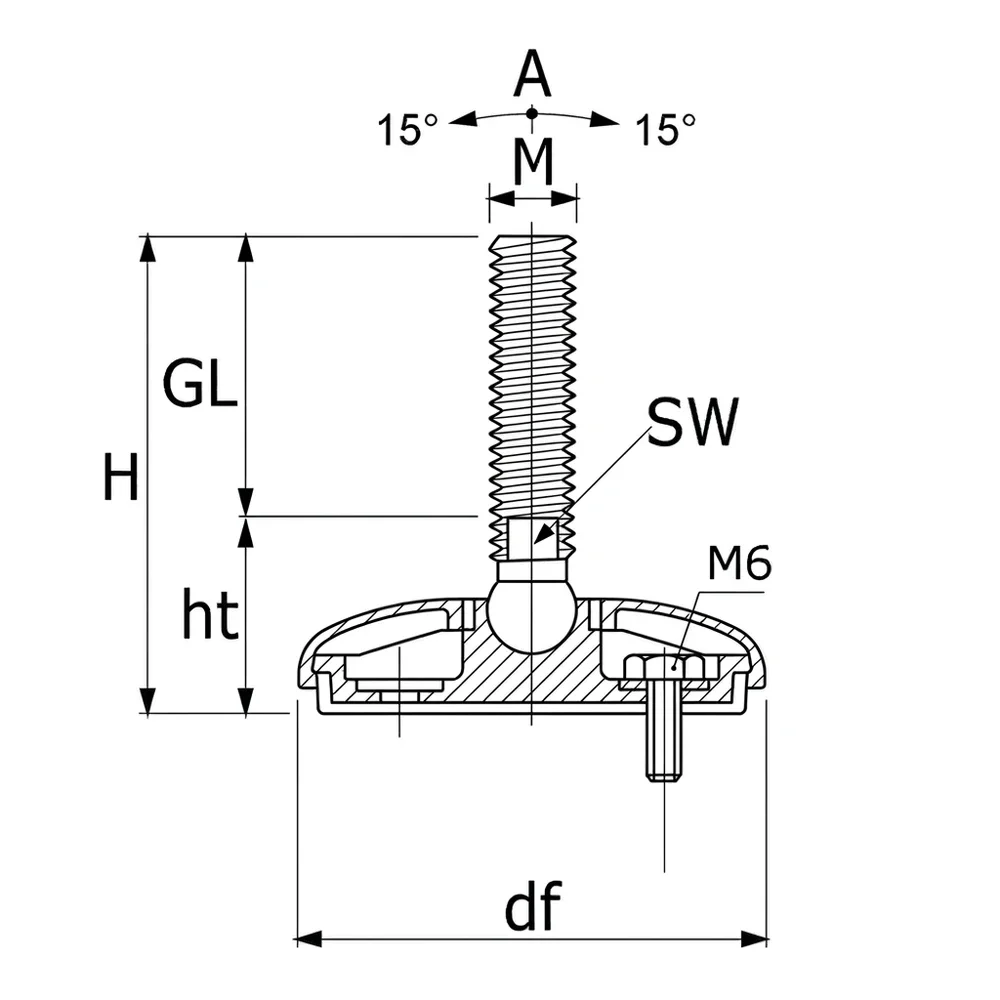 Plano acotado Pie nivelador redondo higiénico Ø80 - M20x84 - Acero inoxidable