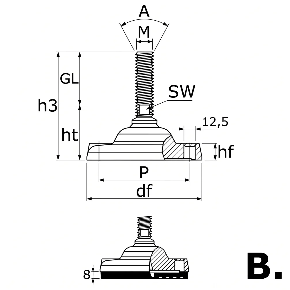 Dibujo técnico: Pie nivelador pivotante sin rótula - acero inoxidable