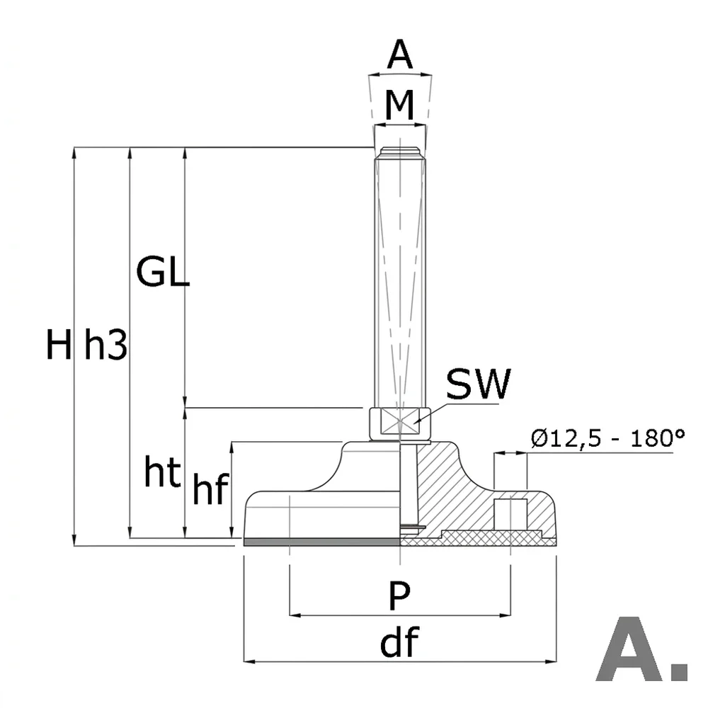 Plano de dimensiones Pie nivelador pivotante sin rótula - acero inoxidable