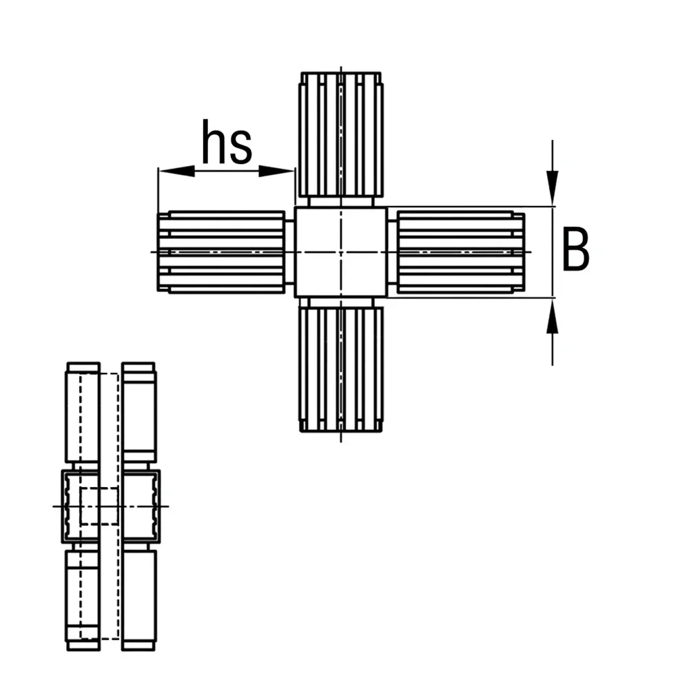 Dibujo técnico: Conector para tubo, diseño de dos piezas 2D4 – En cruz