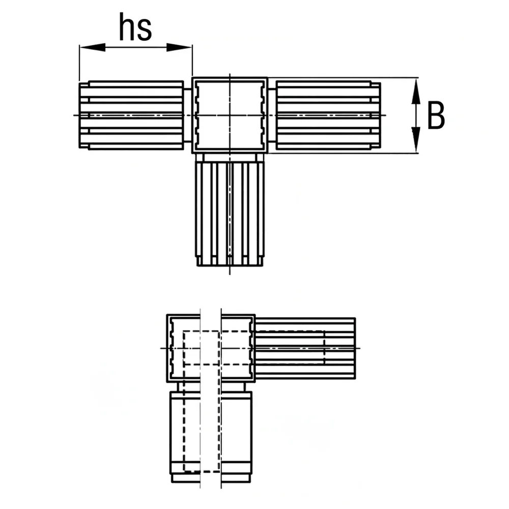 Dibujo técnico: Conector para tubo, diseño de dos piezas 3D4 – conector en T multidimensional