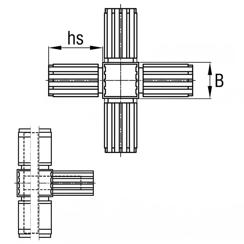 Dibujo técnico: Conector para tubo, diseño 3D5 – conector en cruz multidireccional