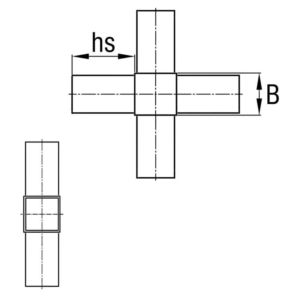 Dibujo técnico: Conector tubular de una sola pieza modelo 2D4 - conector en cruz