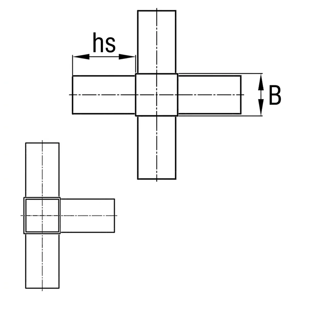 Dibujo técnico: Conector tubular de una sola pieza modelo 3D5 - conector en cruz