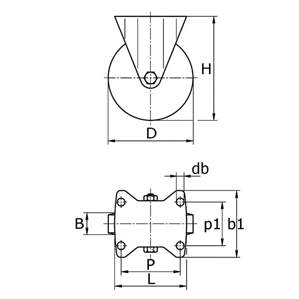 Dibujo técnico: Rueda de goma fija con placa superior