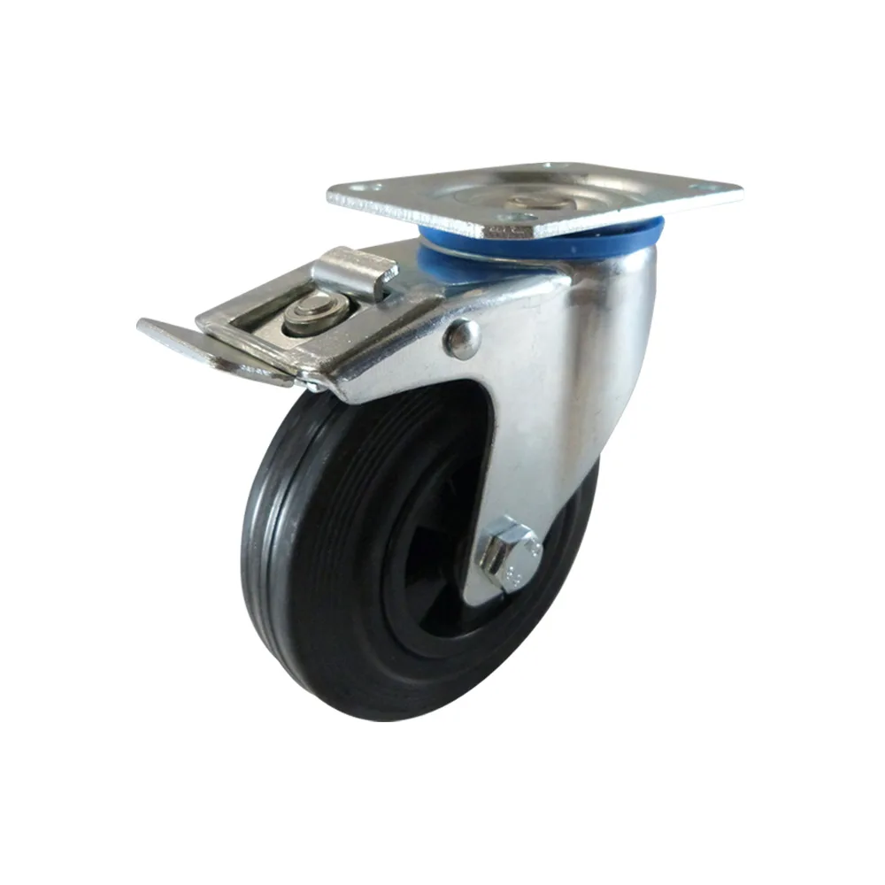 Rueda giratoria con freno PP Ø100mm - banda de rodadura azul Caucho / TPE TPE - Cojinete de deslizamiento - Fijación de placa 105x80mm - St - Acero imagen 2