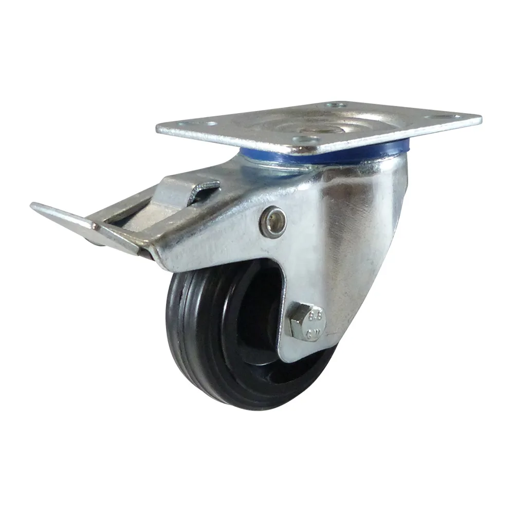 Rueda giratoria con freno PP Ø100mm - banda de rodadura azul Caucho / TPE TPE - Cojinete de deslizamiento - Fijación de placa 105x80mm - St - Acero imagen 3