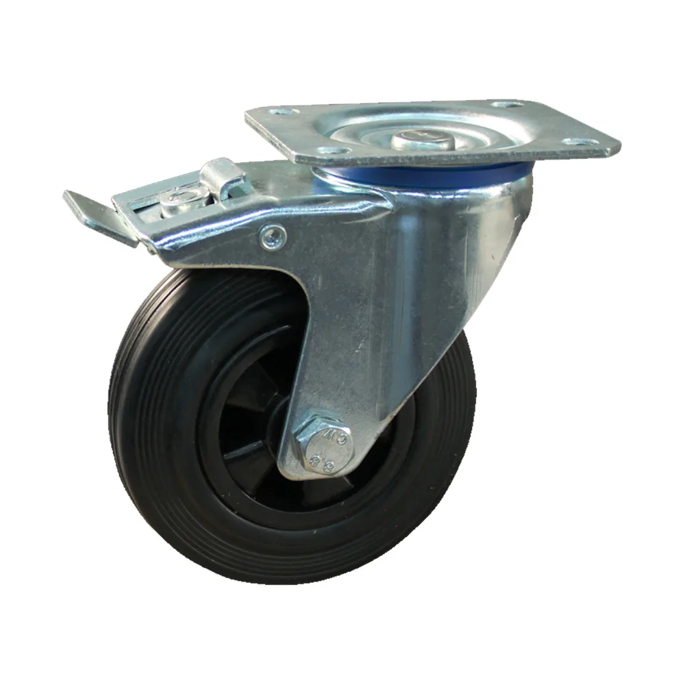 Rueda giratoria con freno PP Ø100mm - banda de rodadura azul Caucho / TPE TPE - Cojinete de deslizamiento - Fijación de placa 105x80mm - St - Acero