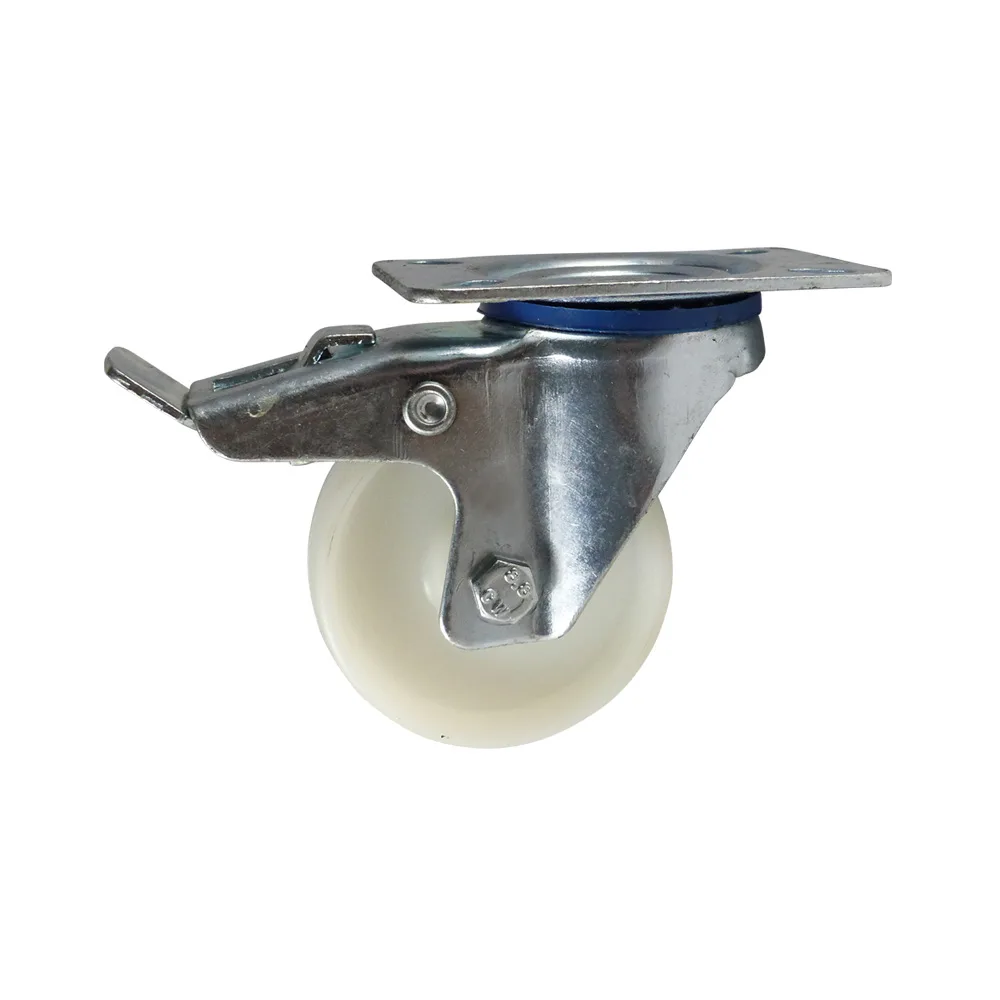 Rueda de nylon giratoria con freno con placa superior