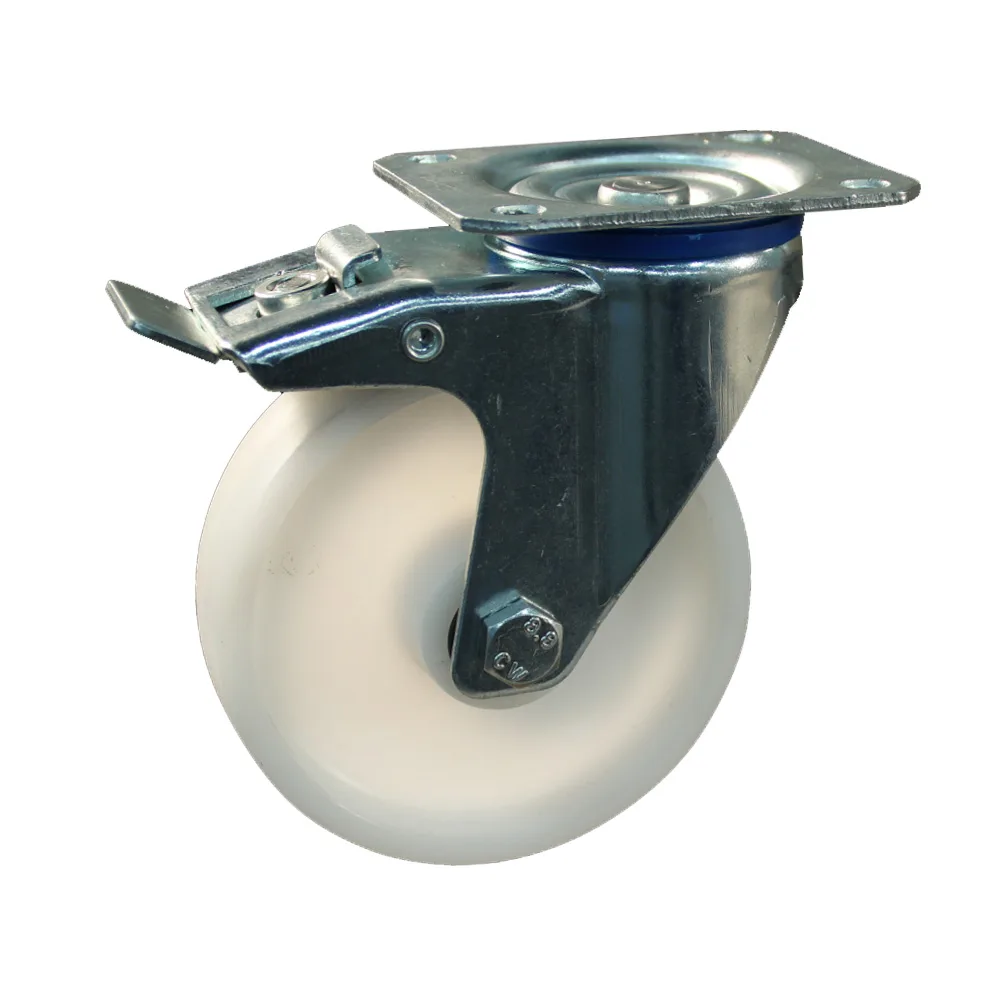 Rueda de nylon giratoria con freno con placa superior