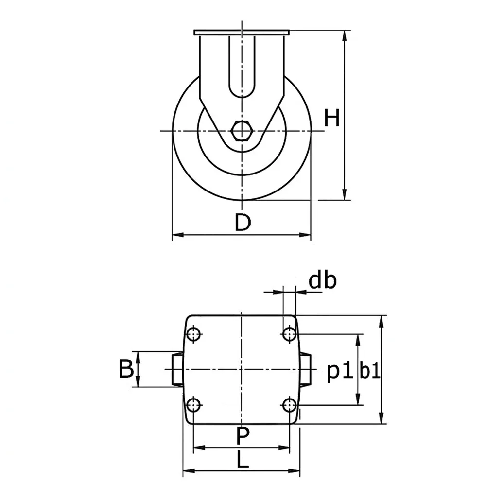 Dibujo técnico: Rueda industrial fija con placa superior