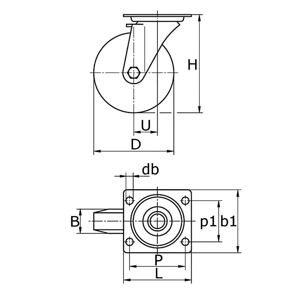 Plano de dimensiones Rueda industrial giratoria con placa superior