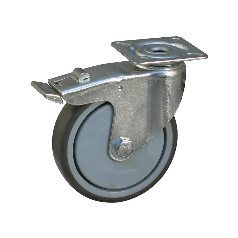 Rueda giratoria para aparatos con freno PP Ø100 - banda de rodadura Caucho / TPE - Rodamiento de bolas - fijación por platina 60x60mm - St - Acero