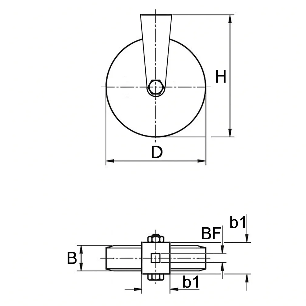 Plano de dimensiones Rueda industrial fija con agujero central