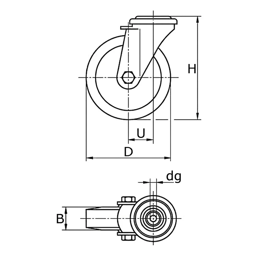Plano acotado Rueda fija para aparatos PP Ø100 - banda de rodadura Caucho / TPE - Rodamiento de bolas - agujero para perno Ø10.3mm - St - Acero
