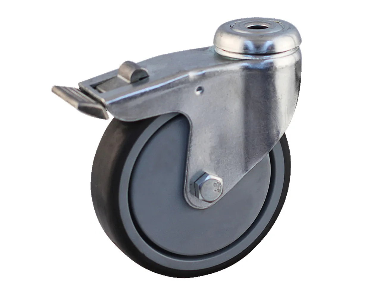 Rueda industrial giratoria con freno - Agujero central – Rueda industrial TPE - 100kg - horquilla de acero