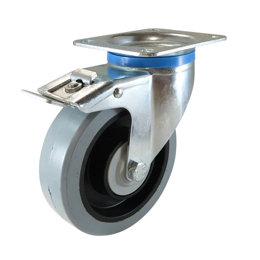 Rueda giratoria con freno PA Ø125mm - banda de rodadura azul Caucho / TPE - Rodamiento de bolas - Fijación de placa 105x80mm - St - Acero