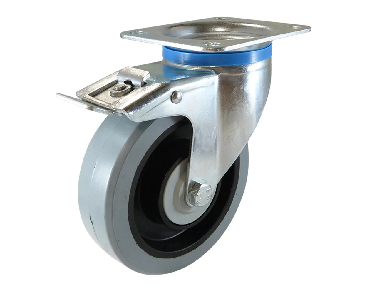 Rueda de goma elástica giratoria con freno con platina – Rueda de goma maciza - 450kg - horquillas de acero - llanta plástica