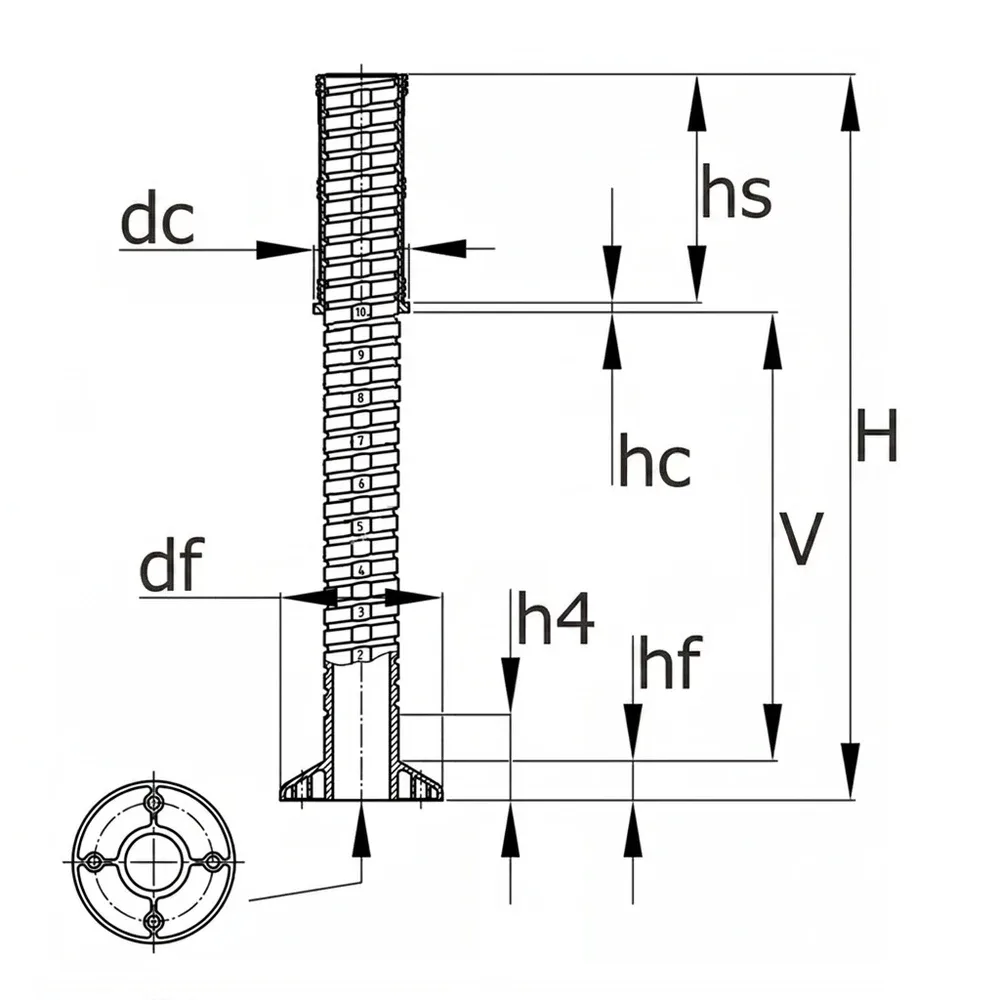 Dibujo técnico: Contera redonda ajustable Ø 50, 55, 60 mm