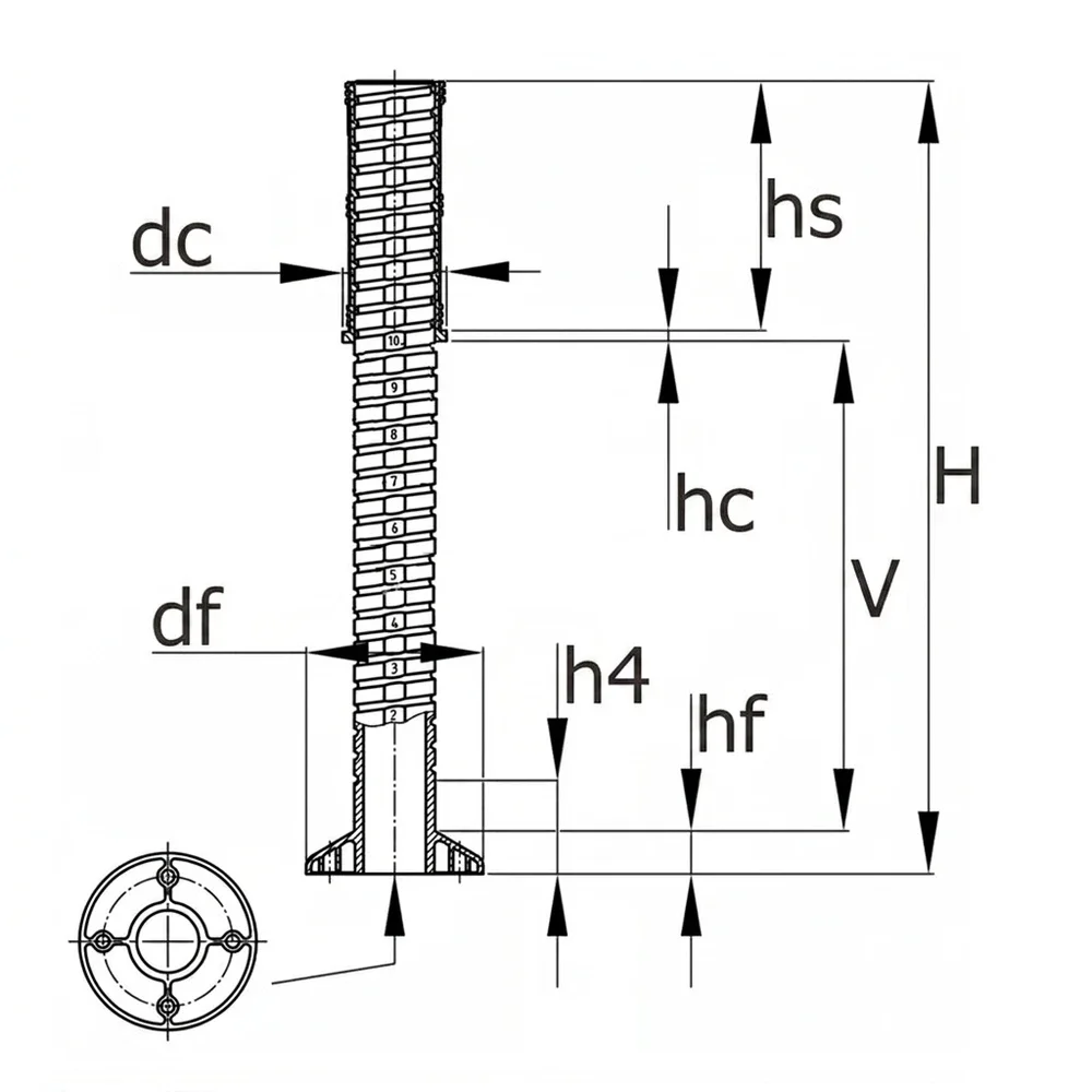 Plano de dimensiones Contera redonda ajustable Ø 50, 55, 60 mm