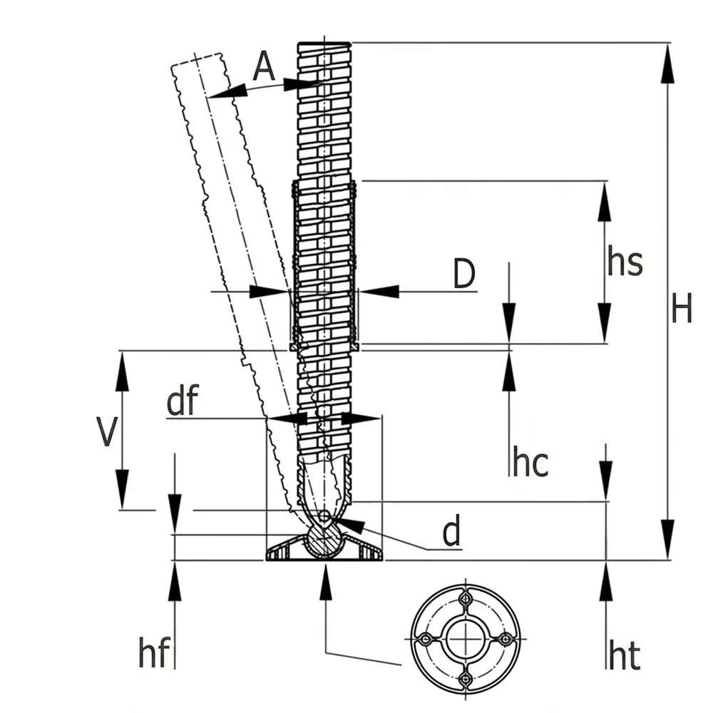Dibujo técnico: Contera redonda ajustable articulada Ø 40 mm o Ø 42 mm