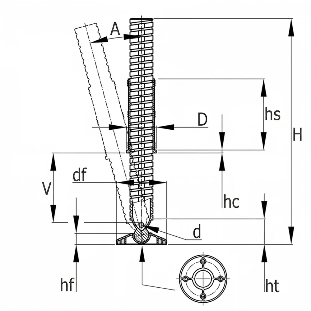 Plano acotado Regulador de altura redondo PA-GF Ø40x2.0mm - pie Ø68mm - rango de ajuste 0-170-mm - Negro