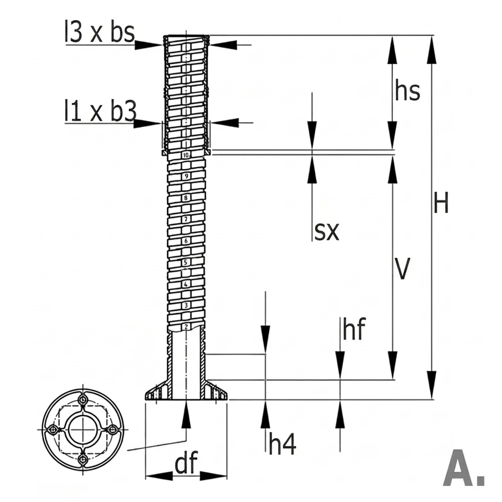Dibujo técnico: Insertos niveladores para tubo cuadrado de 50x50 y 60x60
