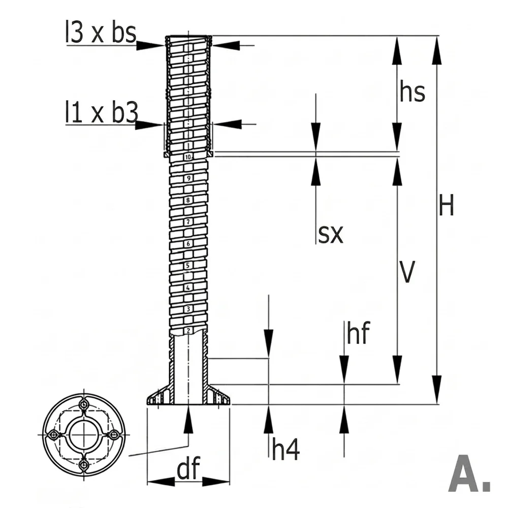 Plano de dimensiones Insertos niveladores para tubo cuadrado de 50x50 y 60x60